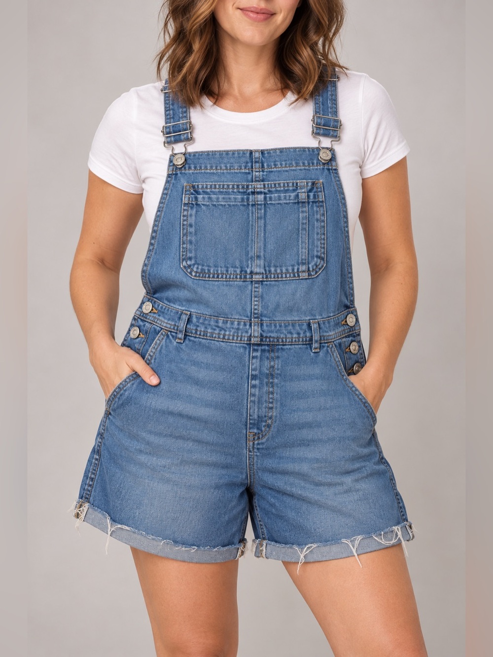 GAP Denim Shortalls Large Tall Light Indigo Frayed Hem Overall Shorts